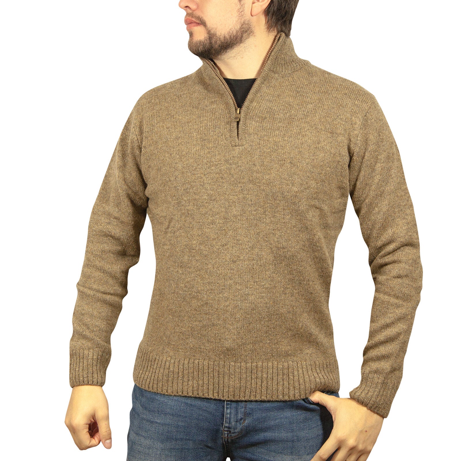 100% SHETLAND RAGG WOOL Half Zip Up Knit JUMPER Pullover Mens Sweater Knitted - Nutmeg - XXL