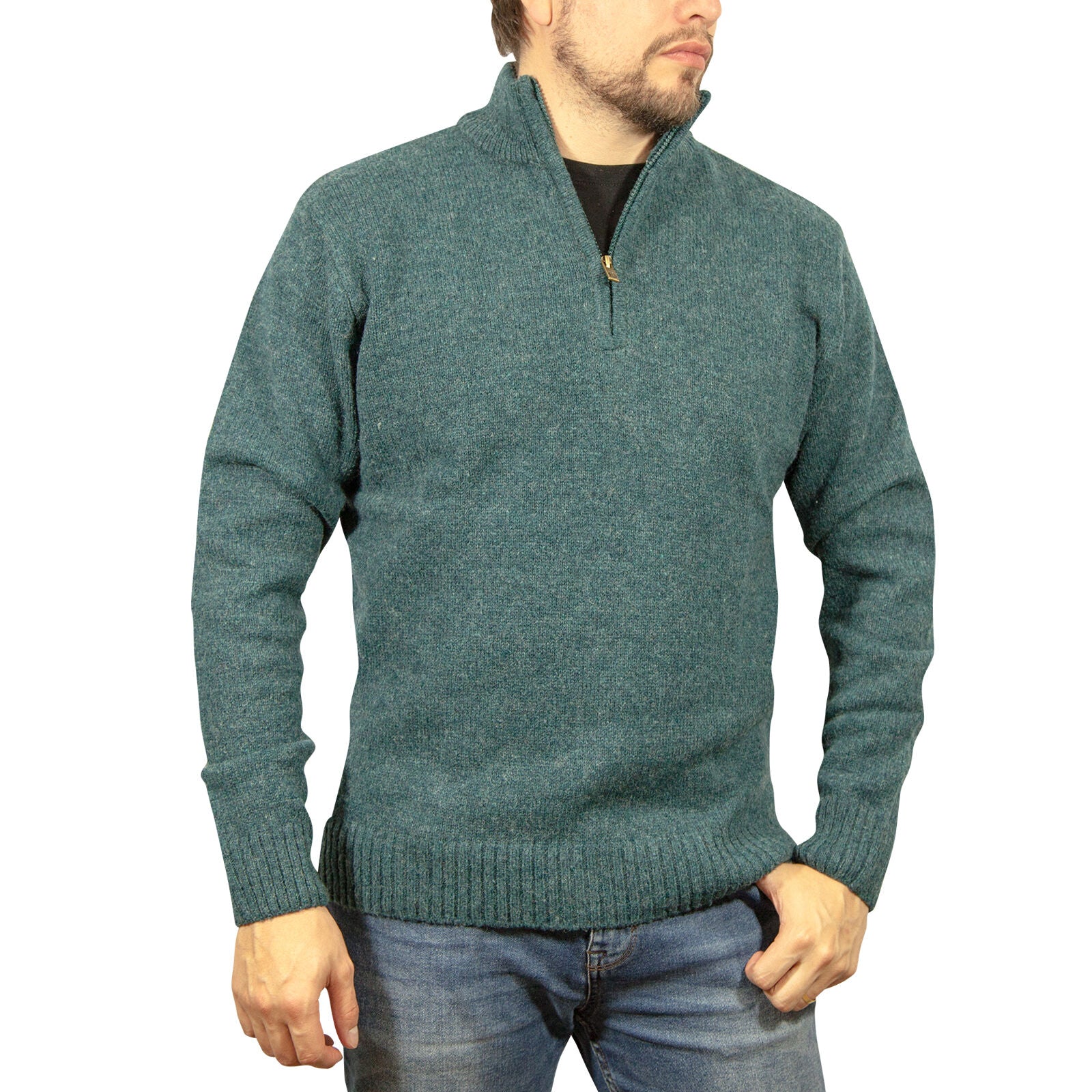 100% SHETLAND RAGG WOOL Half Zip Up Knit JUMPER Pullover Mens Sweater Knitted - Sherwood - 4XL V563-SW-HZ-SHWD32-4XL