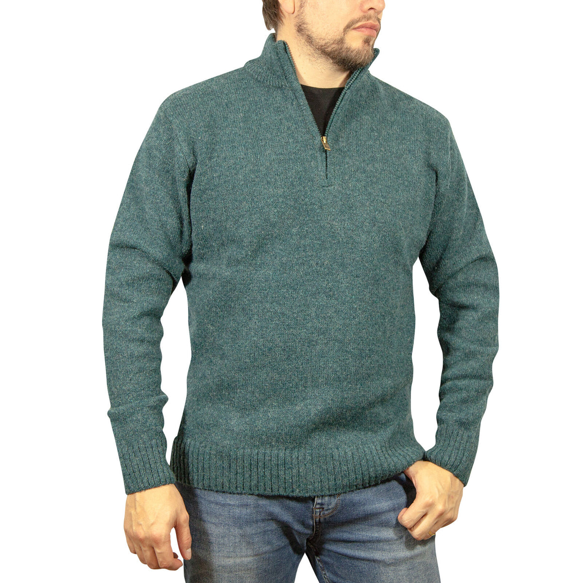 100% SHETLAND RAGG WOOL Half Zip Up Knit JUMPER Pullover Mens Sweater Knitted - Sherwood - L V563-SW-HZ-SHWD32-L