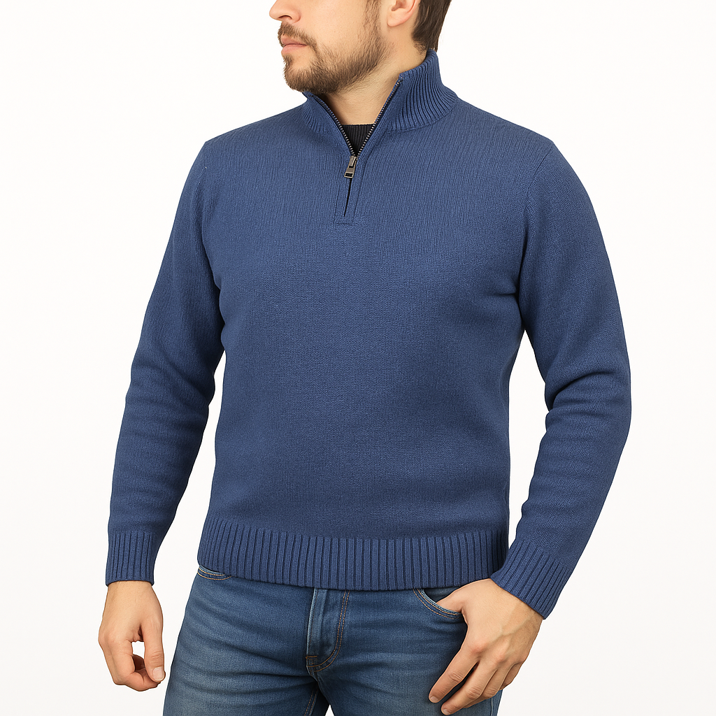 100% SHETLAND RAGG WOOL Half Zip Up Knit JUMPER Pullover Mens Sweater Knitted in Sky - L V563-SW-HZ-SKY40-L