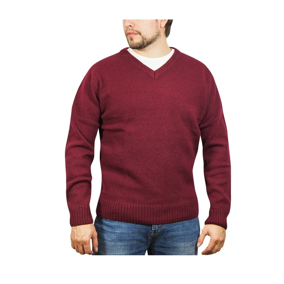 100% Shetland Ragg Wool V Neck Knit Jumper Pullover Mens Sweater Knitted - Burgundy - L V563-SW-VN-BURG97-L