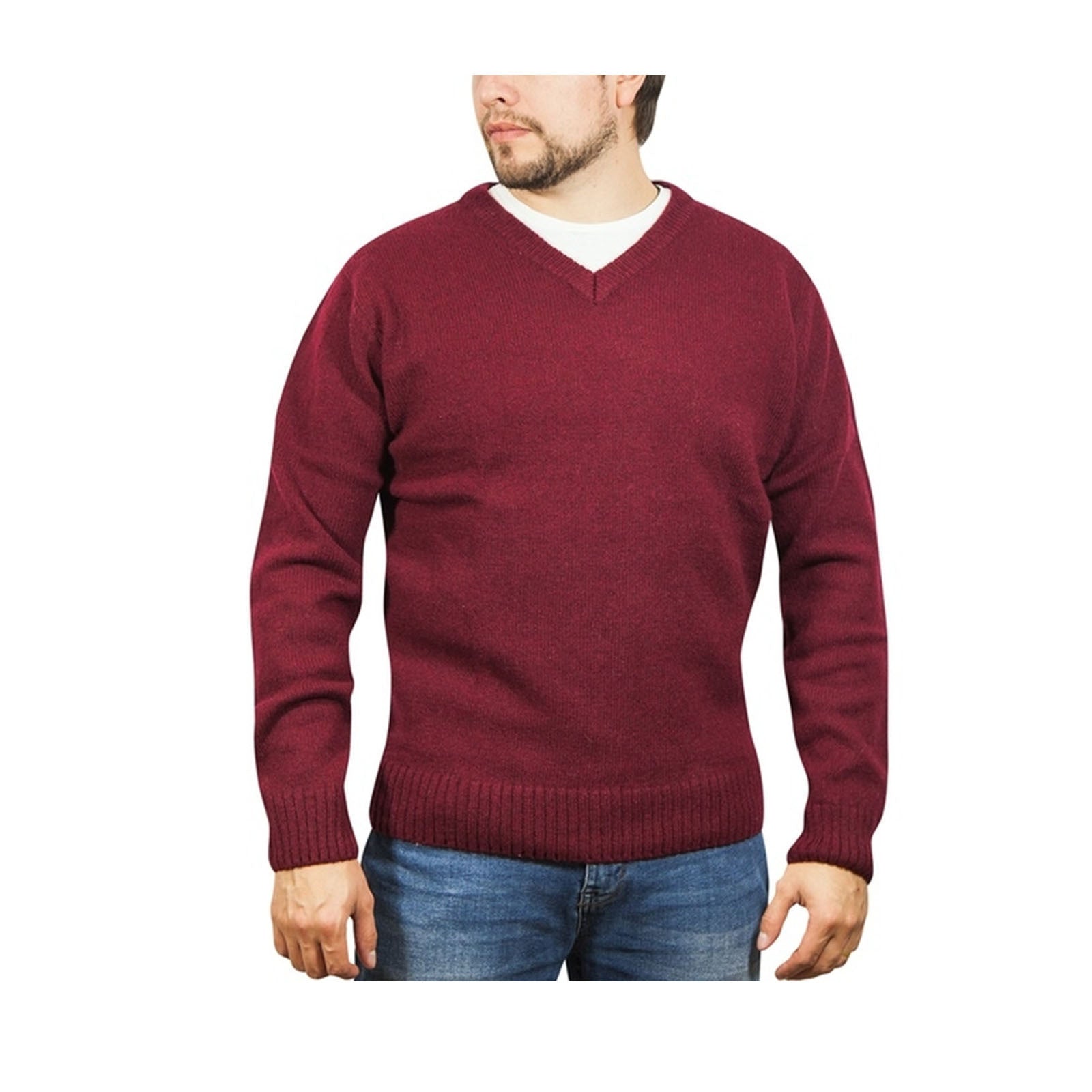 100% Shetland Ragg Wool V Neck Knit Jumper Pullover Mens Sweater Knitted - Burgundy - S V563-SW-VN-BURG97-S