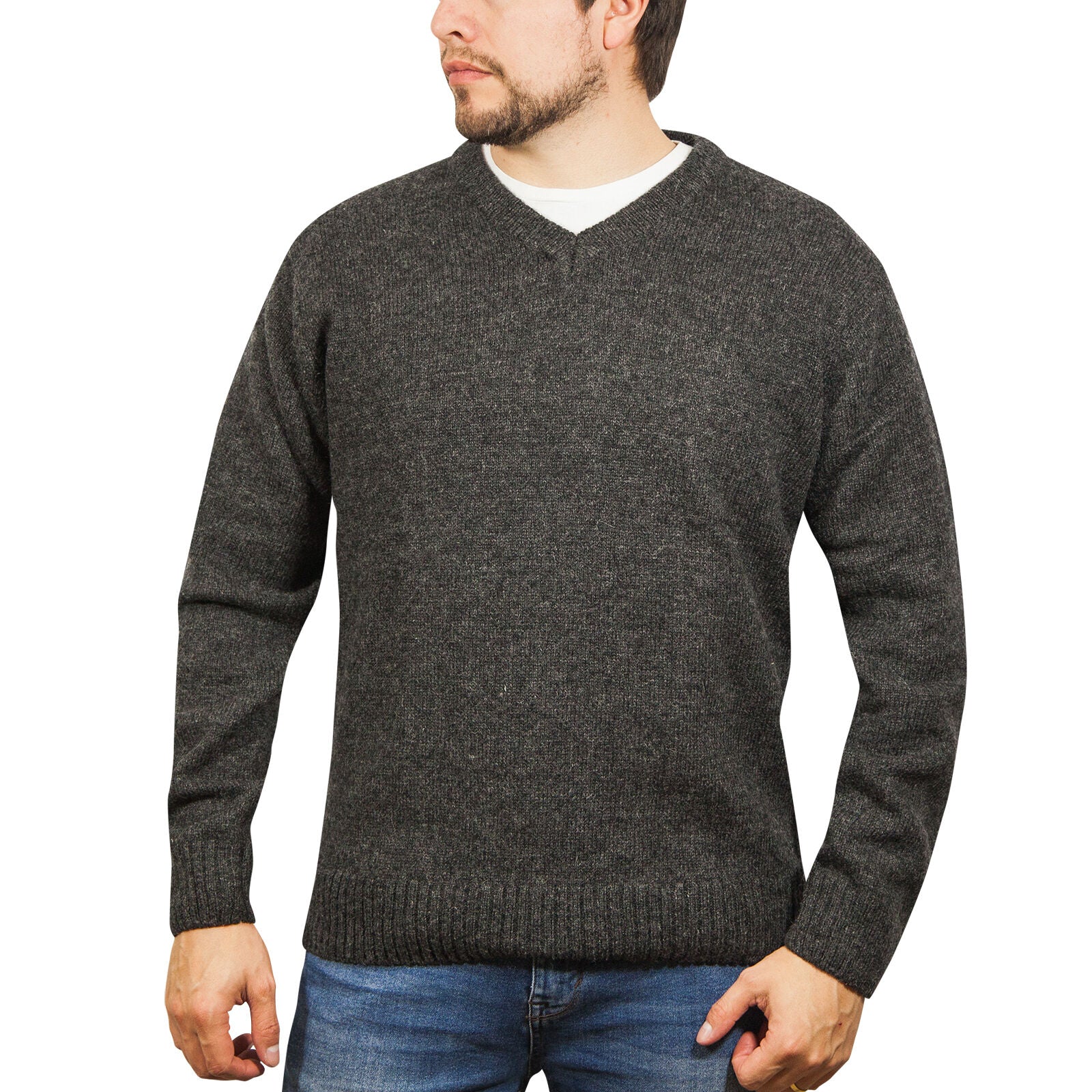 100% Shetland Ragg Wool V Neck Knit Jumper Pullover Mens Sweater Knitted - Charcoal - M V563-SW-VN-CHRCOL29-M