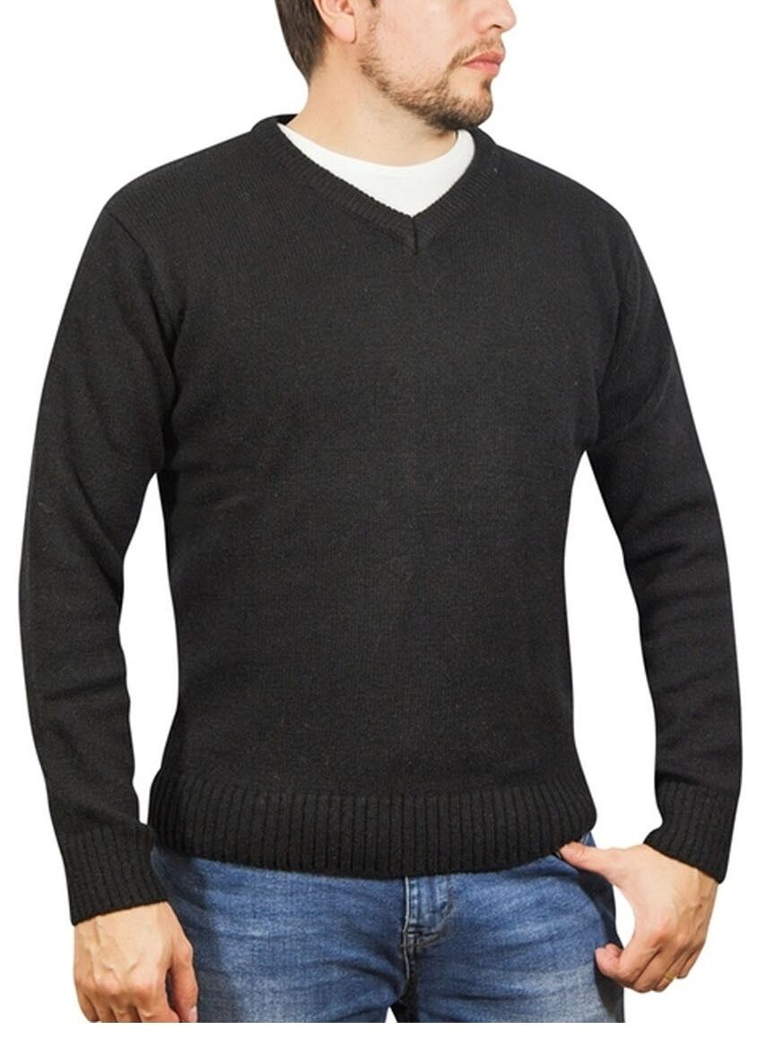 100% Shetland Ragg Wool V Neck Knit Jumper Pullover Mens Sweater Knitted - Plain Black - 3XL
