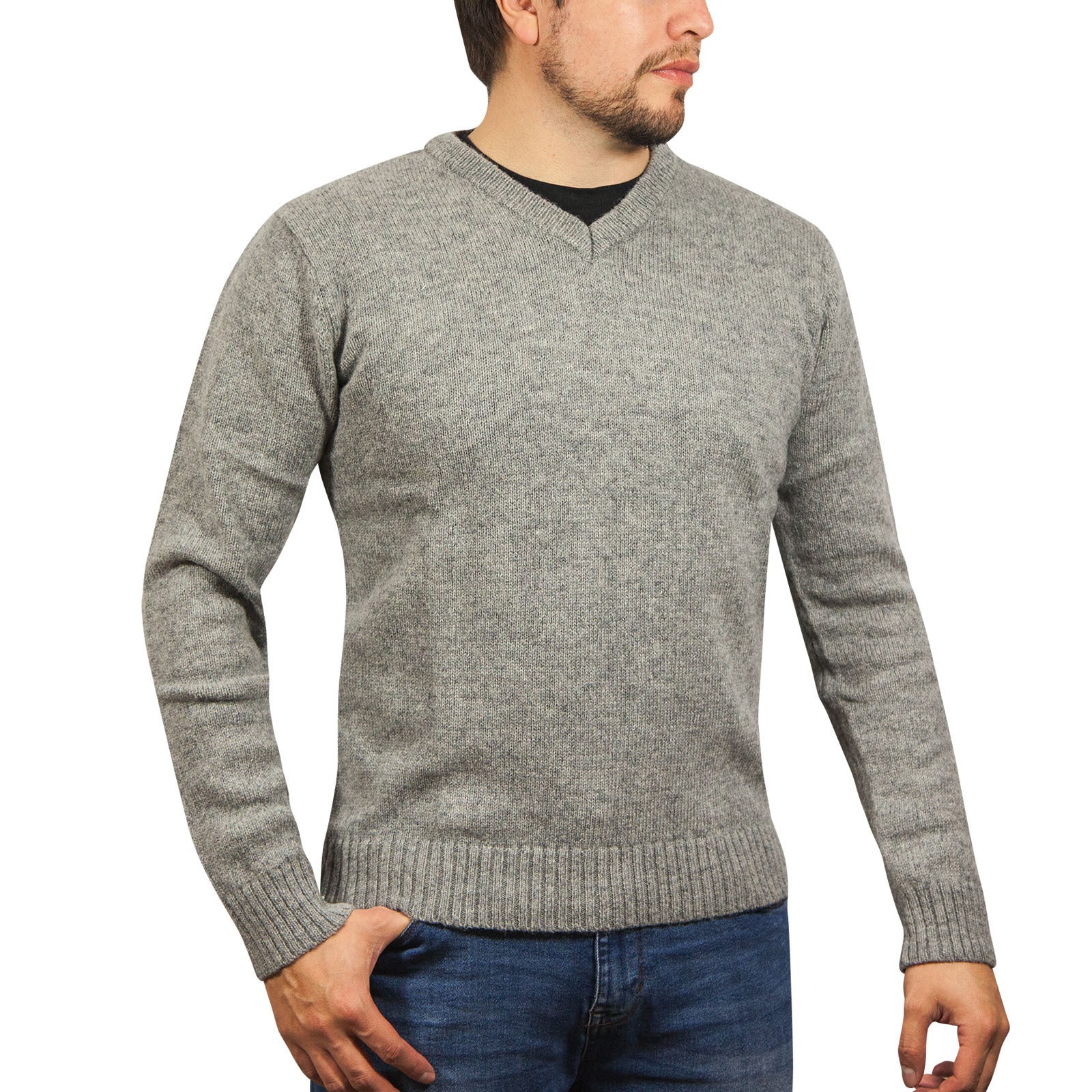 100% Shetland Ragg Wool V Neck Knit Jumper Pullover Mens Sweater Knitted - Grey - S V563-SW-VN-GRY21-S