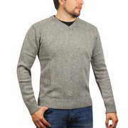 100% Shetland Ragg Wool V Neck Knit Jumper Pullover Mens Sweater Knitted - Grey - XL