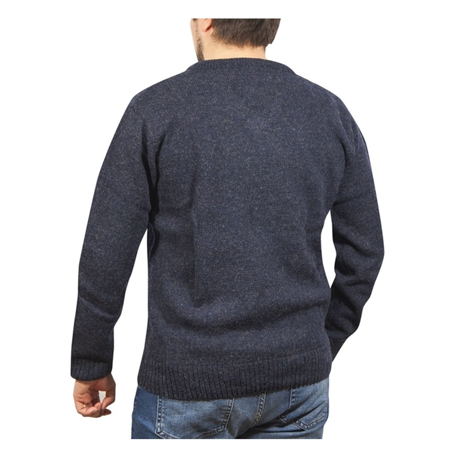 100% Shetland Ragg Wool V Neck Knit Jumper Pullover Mens Sweater Knitted - Navy - XL