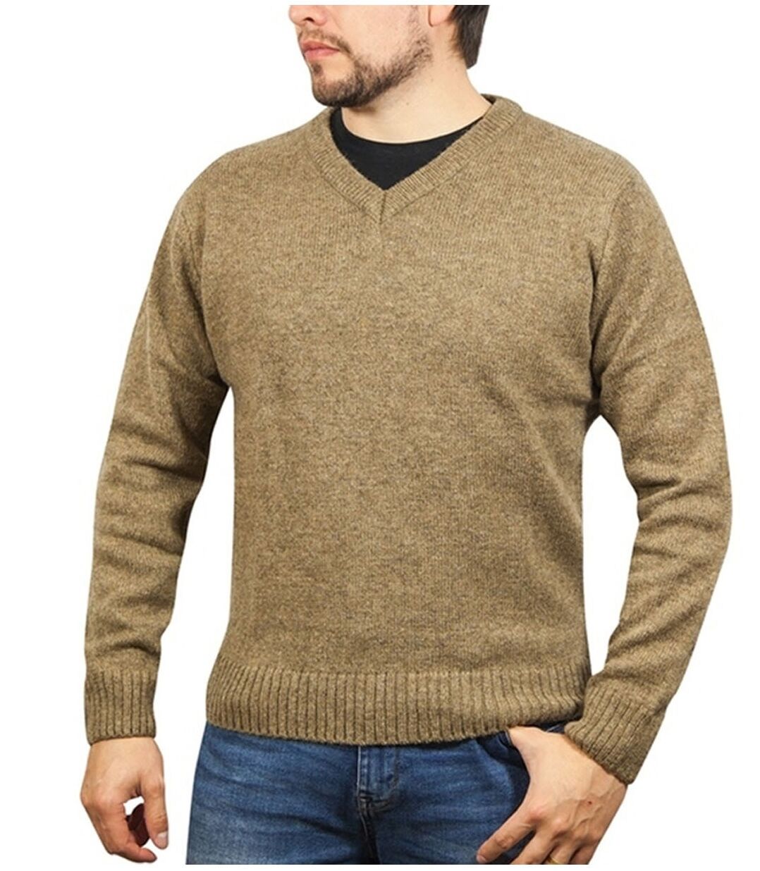100% Shetland Ragg Wool V Neck Knit Jumper Pullover Mens Sweater Knitted - Nutmeg - 3XL