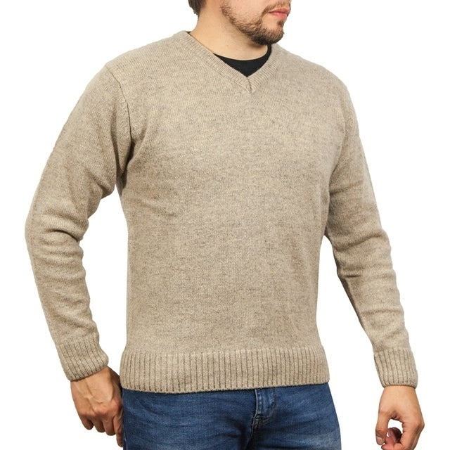 100% Shetland Ragg Wool V Neck Knit Jumper Pullover Mens Sweater Knitted - Oat Marle - 5XL V563-SW-VN-OATMRL03-5XL