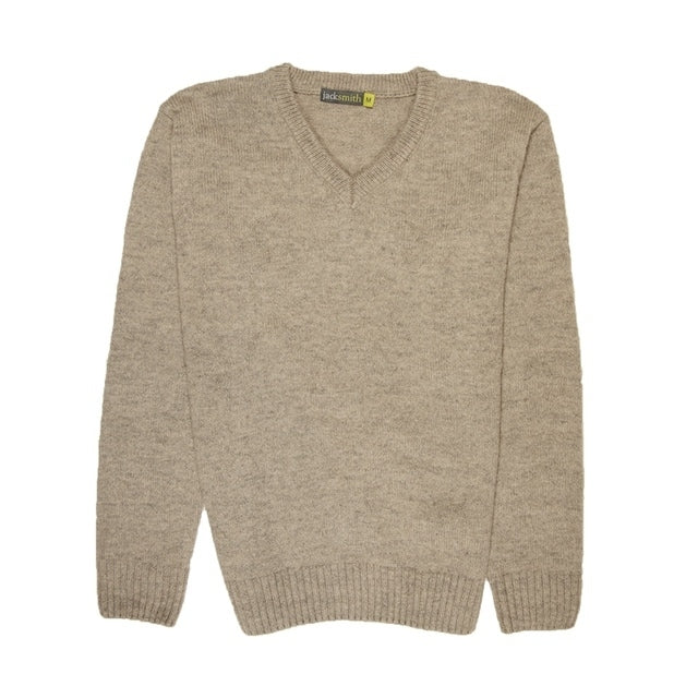 100% Shetland Ragg Wool V Neck Knit Jumper Pullover Mens Sweater Knitted - Oat Marle - XL