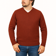 100% Shetland Ragg Wool V Neck Knit Jumper Pullover Mens Sweater Knitted - Rust Size M V563-SW-VN-RUST54-M
