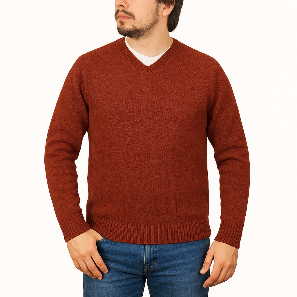 100% Shetland Ragg Wool V Neck Knit Jumper Pullover Mens Sweater Knitted - Rust Size M V563-SW-VN-RUST54-M