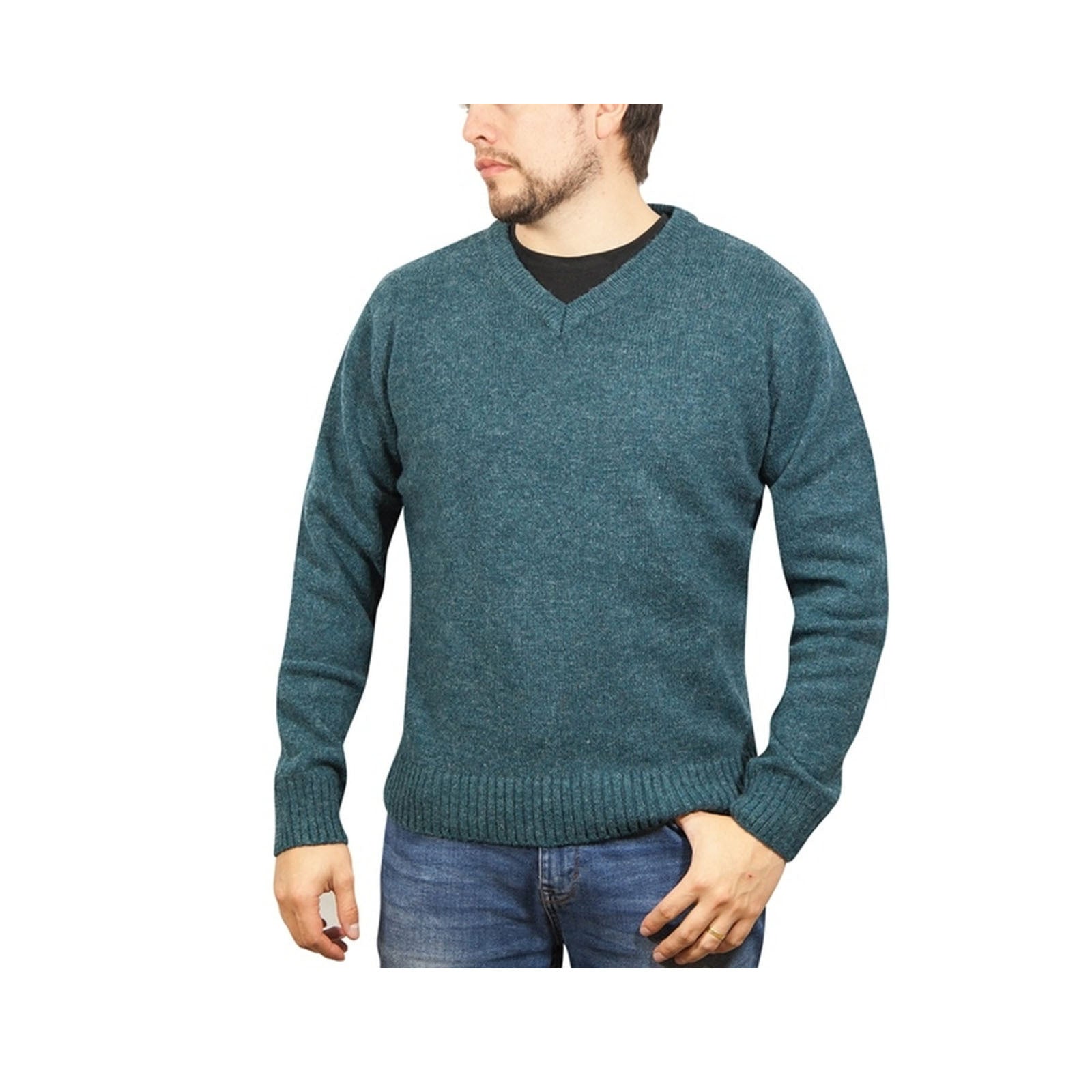 100% Shetland Ragg Wool V Neck Knit Jumper Pullover Mens Sweater Knitted - Sherwood - 5XL V563-SW-VN-SHWD-5XL