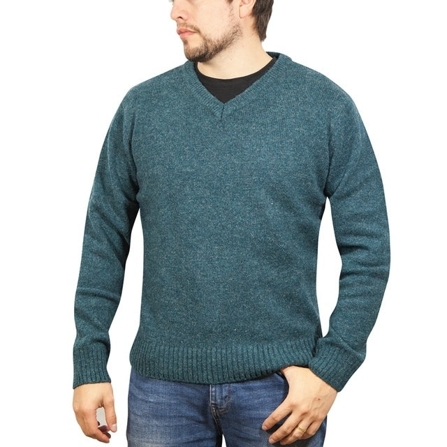 100% Shetland Ragg Wool V Neck Knit Jumper Pullover Mens Sweater Knitted - Sherwood - M V563-SW-VN-SHWD-M