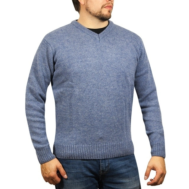 100% Shetland Ragg Wool V Neck Knit Jumper Pullover Mens Sweater Knitted - Sky - XXL