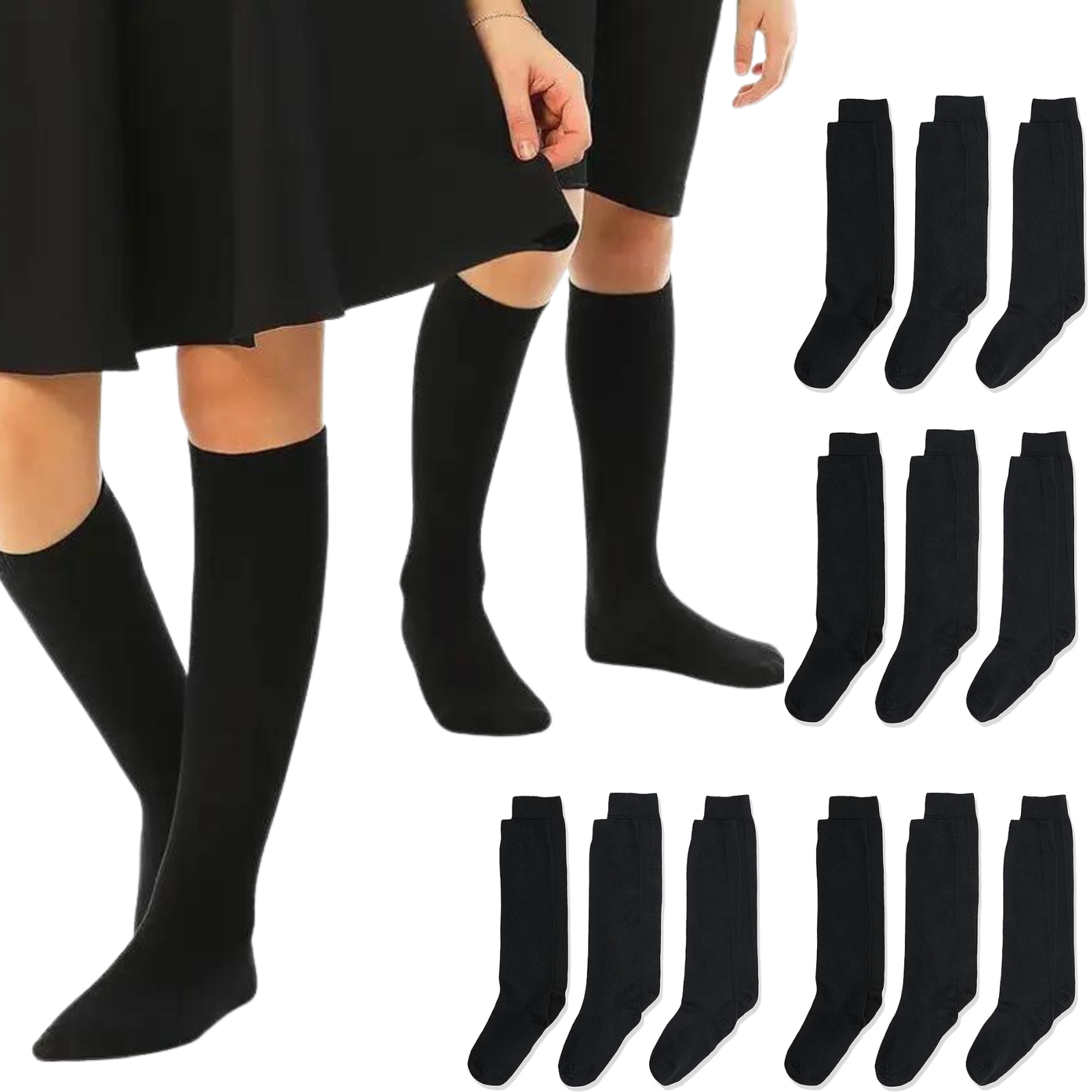 12x Pairs School Uniform Knee High Socks Cotton Rich Girls Boys Kids Bulk - Black - 6-11 (12+ Years Old) V563-TAG4SCHOOL_12PCS-BLACK-6-