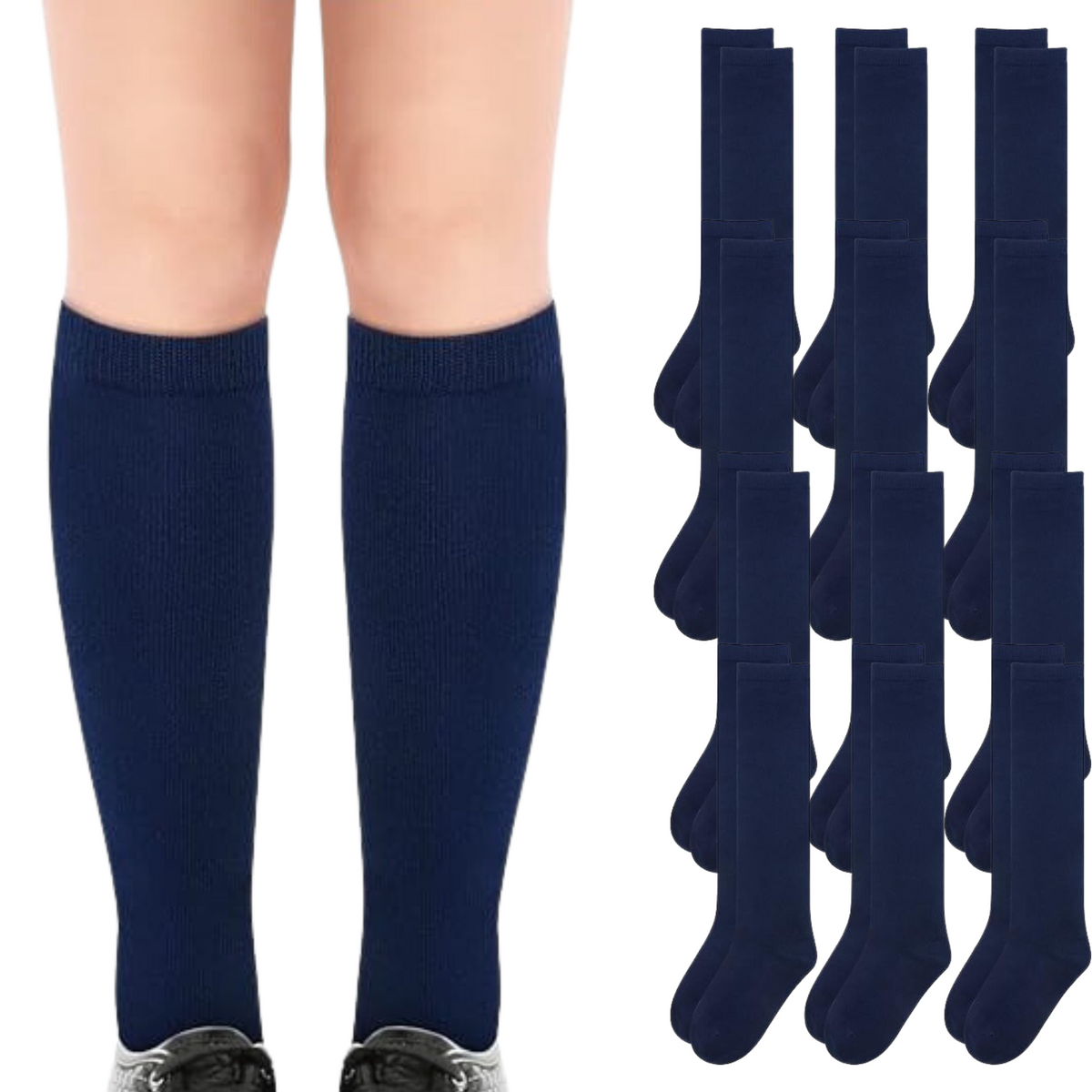 12x Pairs School Uniform Knee High Socks Cotton Rich Girls Boys Kids Bulk - Navy - 13-3 (8-10 Years Old) V563-TAG4SCHOOL_12PCS-NAVY-13-