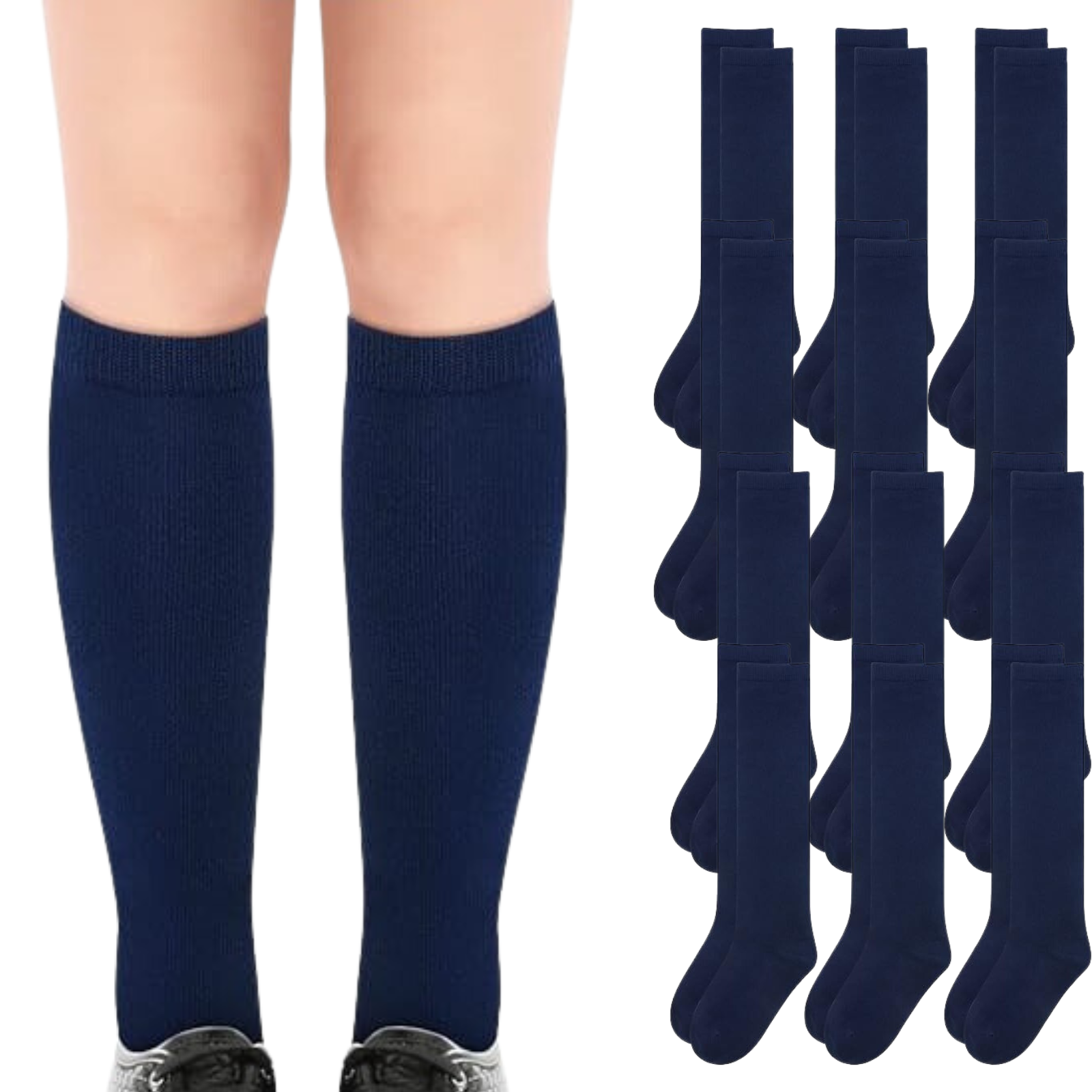 12x Pairs School Uniform Knee High Socks Cotton Rich Girls Boys Kids Bulk - Navy - 2-8 (10-12 Years Old) V563-TAG4SCHOOL_12PCS-NAVY-2-8