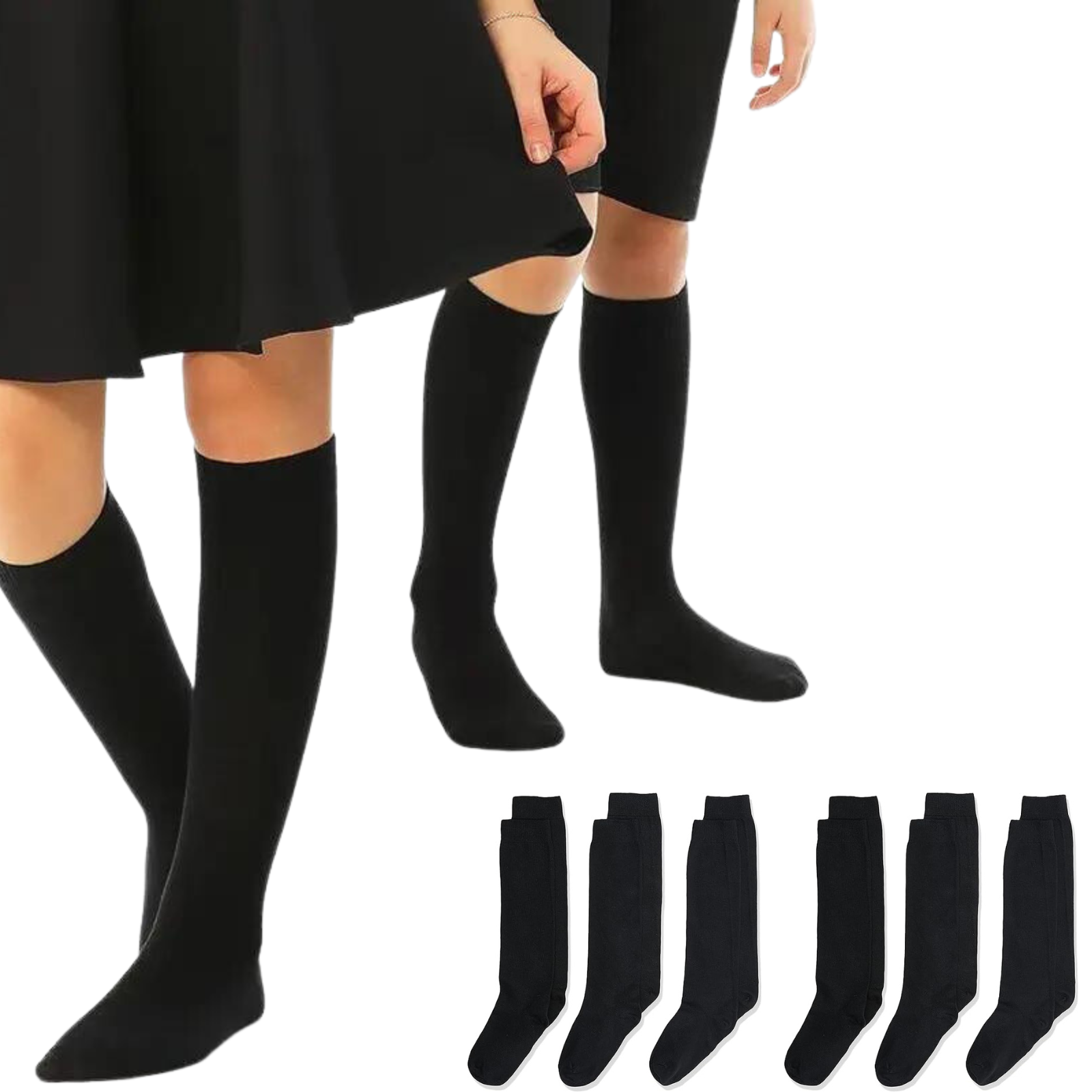 6x Pairs School Uniform Knee High Socks Cotton Rich Girls Boys Kids Bulk - Black - 13-3 (8-10 Years Old) V563-TAG4SCHOOL_6PCS-BLACK-13-