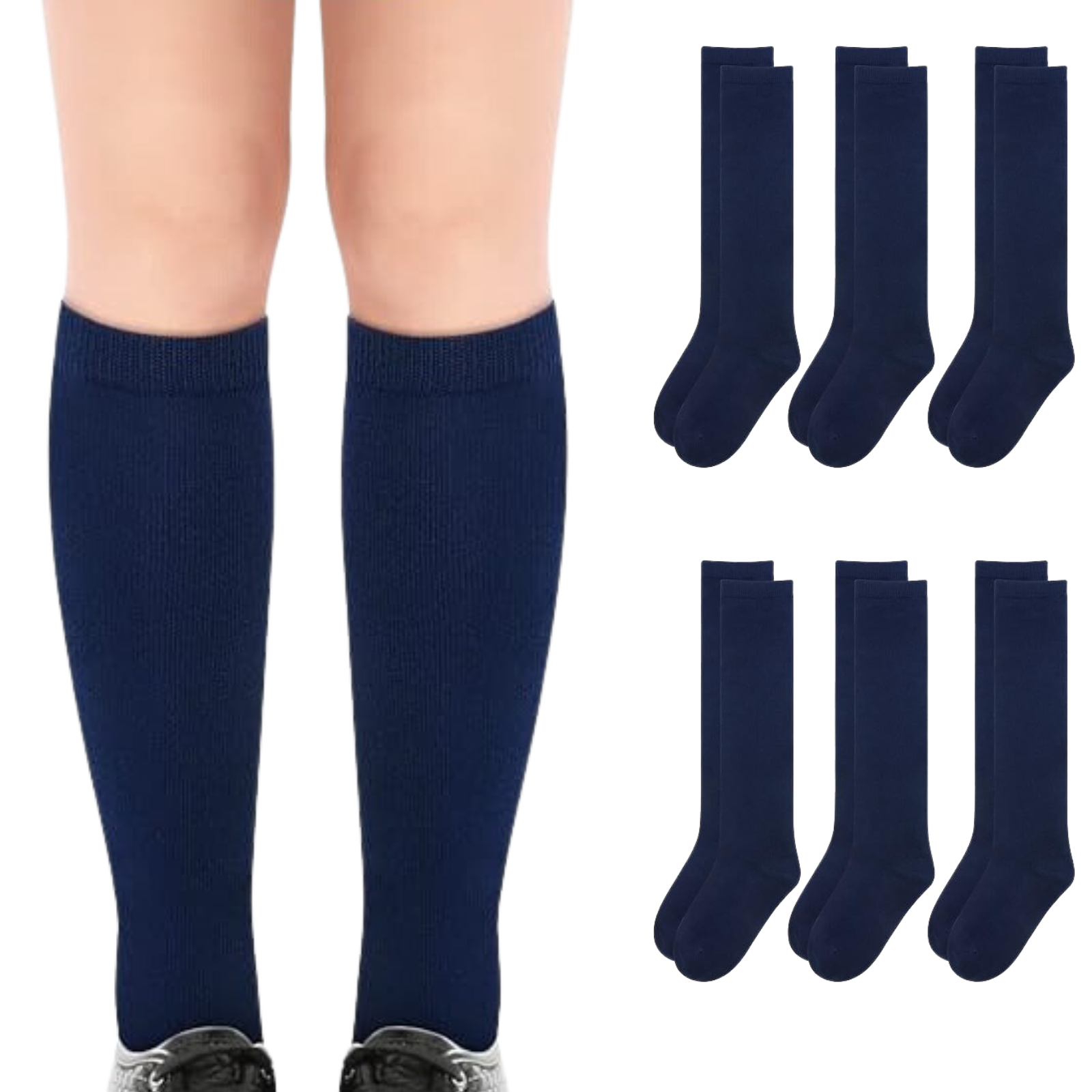 6x Pairs School Uniform Knee High Socks Cotton Rich Girls Boys Kids Bulk - Navy - 6-11 (12+ Years Old) V563-TAG4SCHOOL_6PCS-NAVY-6-11
