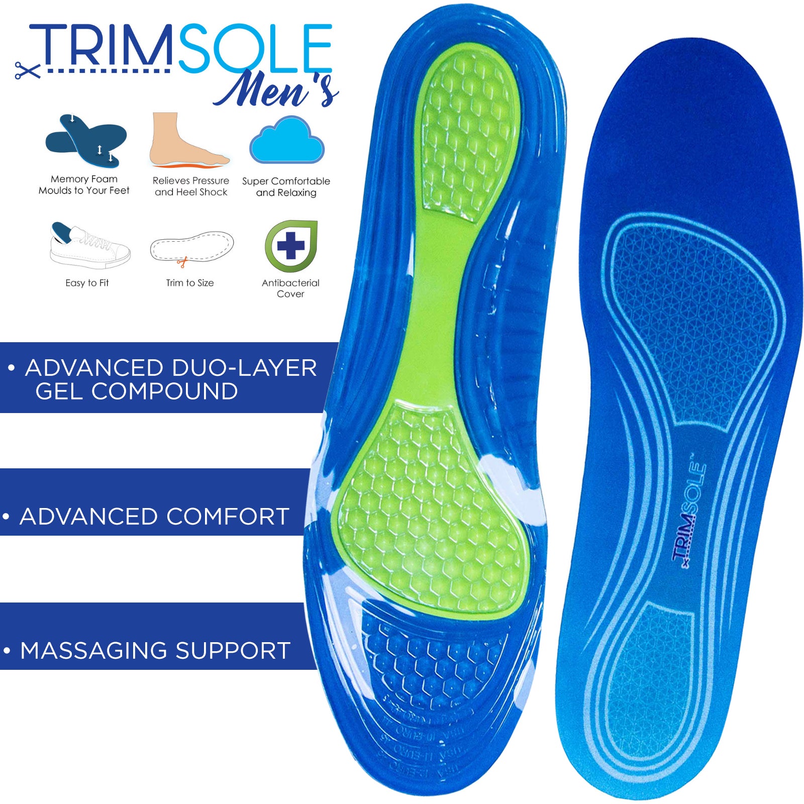 TRIMSOLE Mens Gel Advanced Insoles Silicone Antibacterial Inserts Pads Massage V563-TRI-005