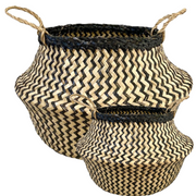2x ROUND BELLY SEAGRASS STORAGE BASKET Natural Straw Folding - Chevron Black/Natural V563-UI5091_2PCS