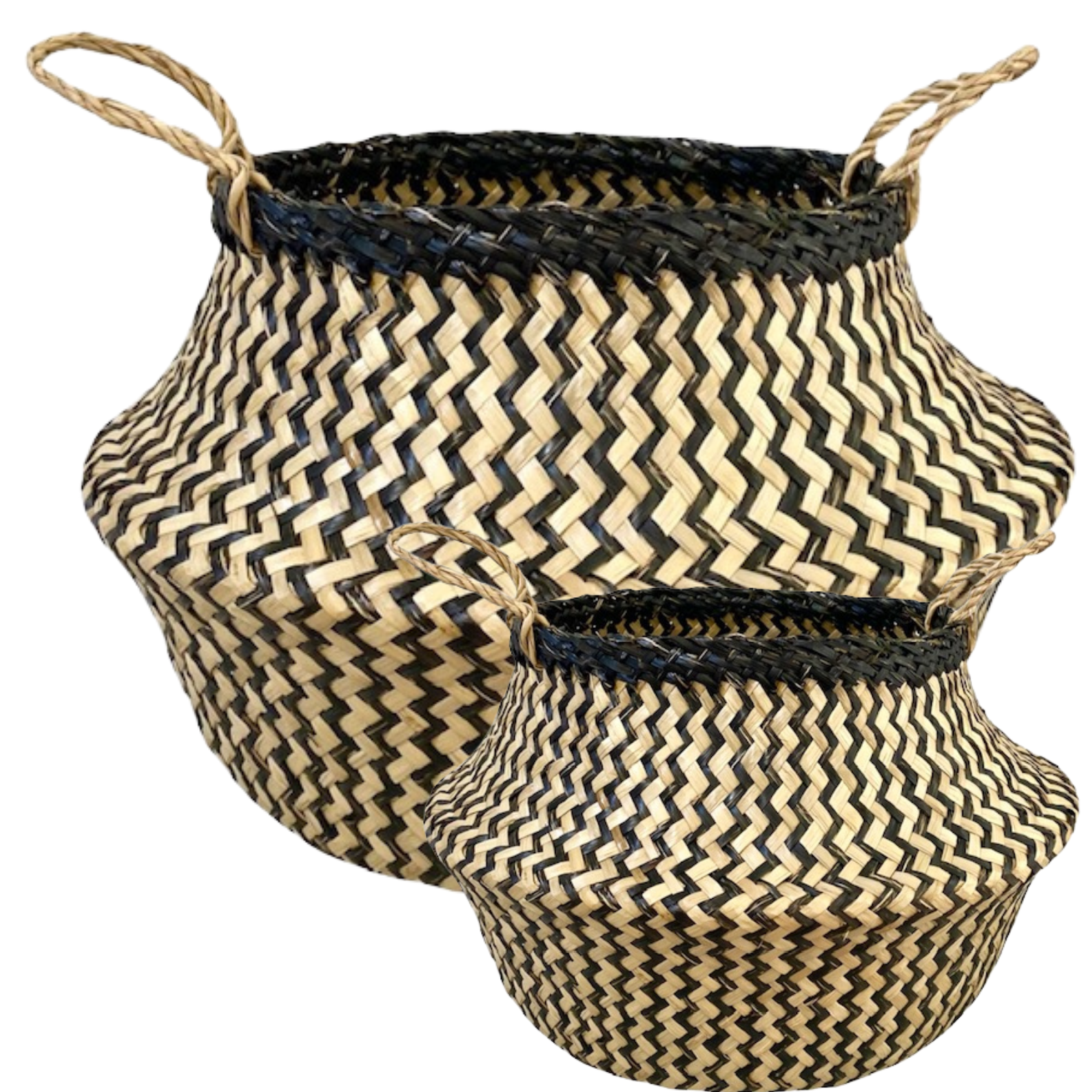 2x ROUND BELLY SEAGRASS STORAGE BASKET Natural Straw Folding - Chevron Black/Natural V563-UI5091_2PCS