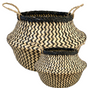2x ROUND BELLY SEAGRASS STORAGE BASKET Natural Straw Folding - Chevron Black/Natural V563-UI5091_2PCS