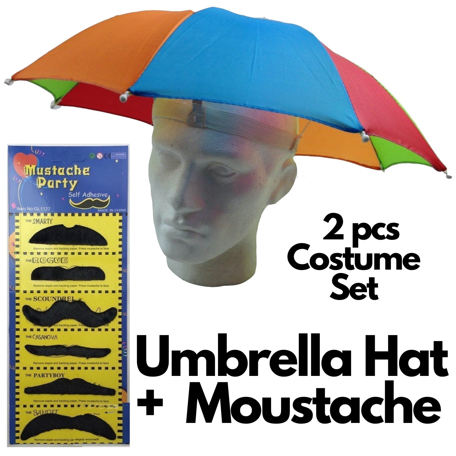 2-pc-Set Rainbow Umbrella Hat + 70s Fake Moustache Costume Props Novelty Fancy V563-UMBRELLAMOUSTACHESET
