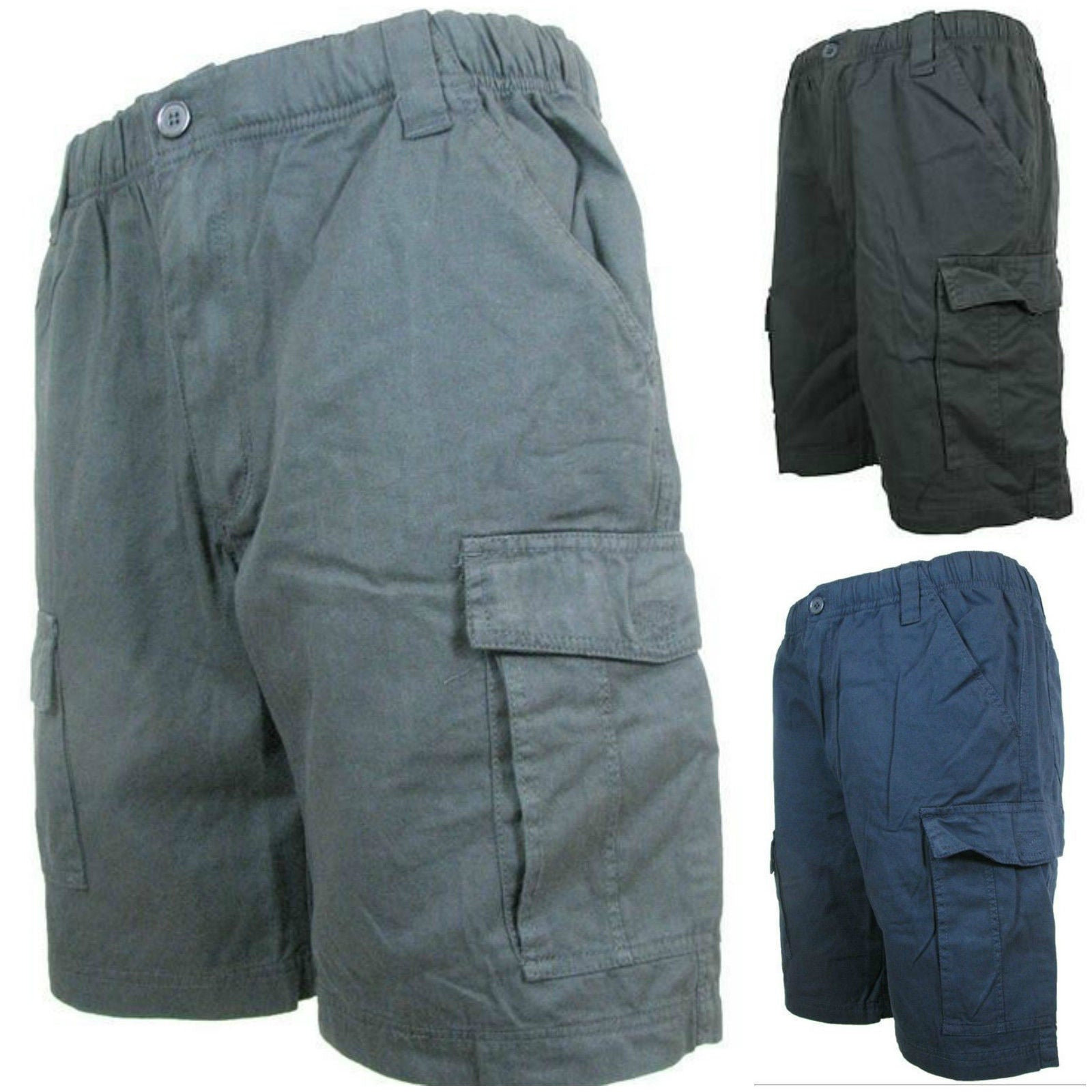 CARGO SHORTS Elastic Waist 100% COTTON Army Military PLAIN Pocket Mens S-XXL - Black - S V563-UMW-6192-BLK-S