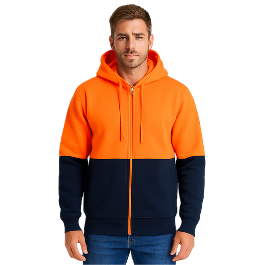 HI VIS Jumper Full Zip Hoodie Safety Workwear Fleecy Fleece Jacket Hooded in Orange/Navy - 2XL V563-UMW-9898-ORG_NVY-2XL