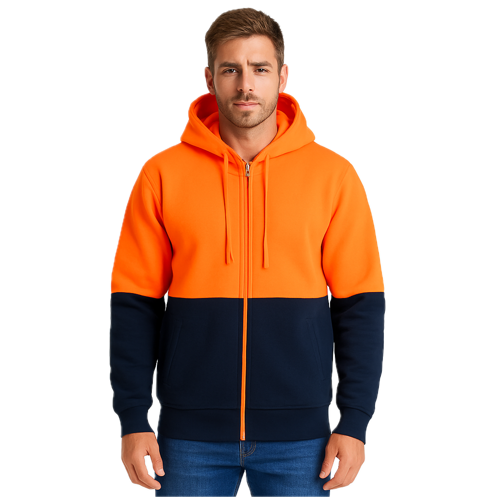 HI VIS Jumper Full Zip Hoodie Safety Workwear Fleecy Fleece Jacket Hooded in Orange/Navy - 2XL V563-UMW-9898-ORG_NVY-2XL