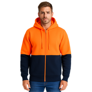 HI VIS Jumper Full Zip Hoodie Safety Workwear Fleecy Fleece Jacket Hooded in Orange/Navy - 3XL
