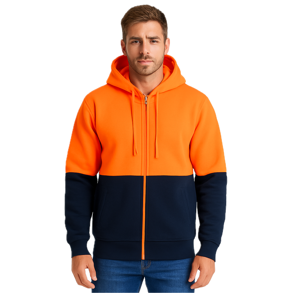 HI VIS Jumper Full Zip Hoodie Safety Workwear Fleecy Fleece Jacket Hooded in Orange/Navy - S V563-UMW-9898-ORG_NVY-S
