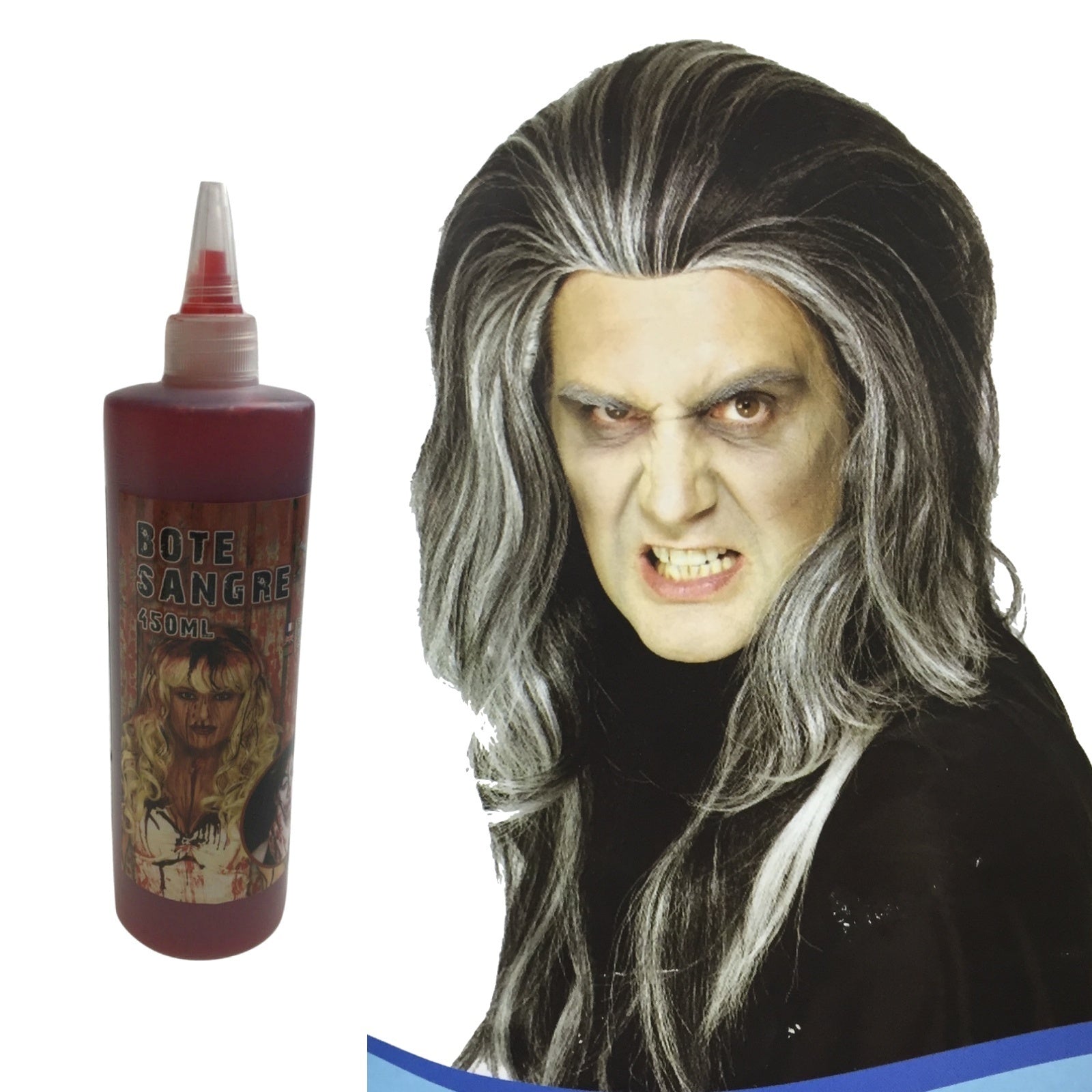 Gothic Vampire Wig + 450ml Bottle Fake Blood Halloween Costume Set Horror Scary Party V563-VAMPIREWIGFAKEBLOODSET