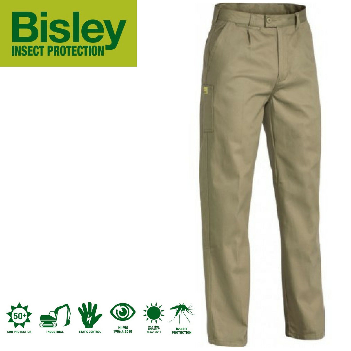 Bisley Mens Insect Protection Drill Work Pants Trousers - Khaki - 112cm V563-VRP6007-KHA-112