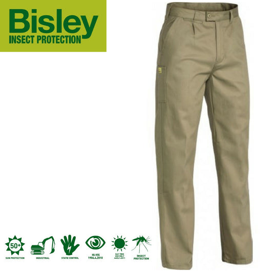 Bisley Mens Insect Protection Drill Work Pants Trousers - Khaki - 82cm V563-VRP6007-KHA-82