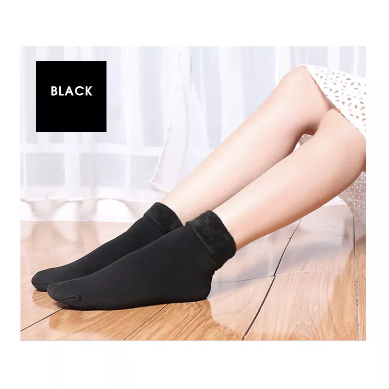 1 Pair Large Thick Fur THERMAL HEATED SOCKS Warm Winter Work Ski Reversible V563-W8253-BLACK-1PAIR