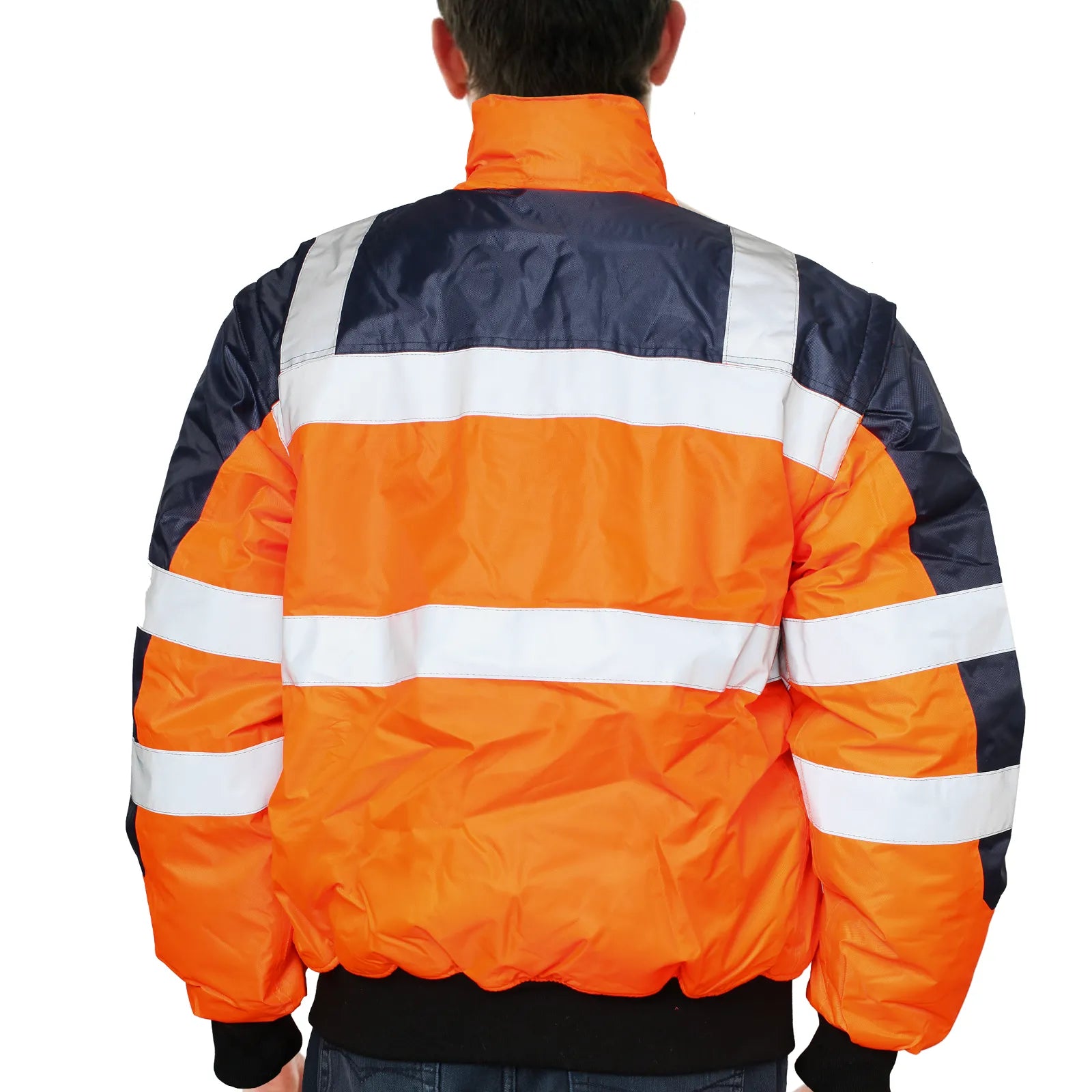 3-in-1 Hi Vis Safety Bomber Jacket Waterproof Reflective Quilted - Orange Navy - XL