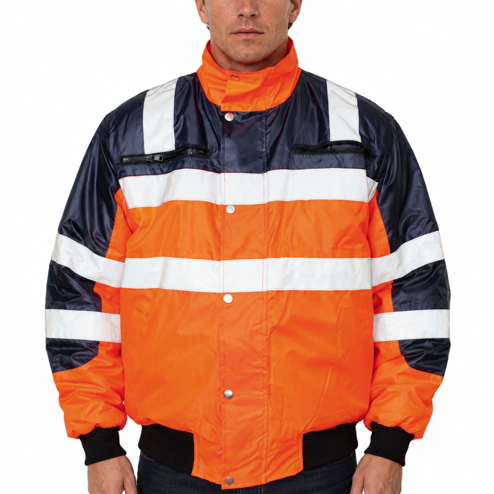 3-in-1 Hi Vis Safety Bomber Jacket Waterproof Reflective Quilted - Orange Navy - XXL
