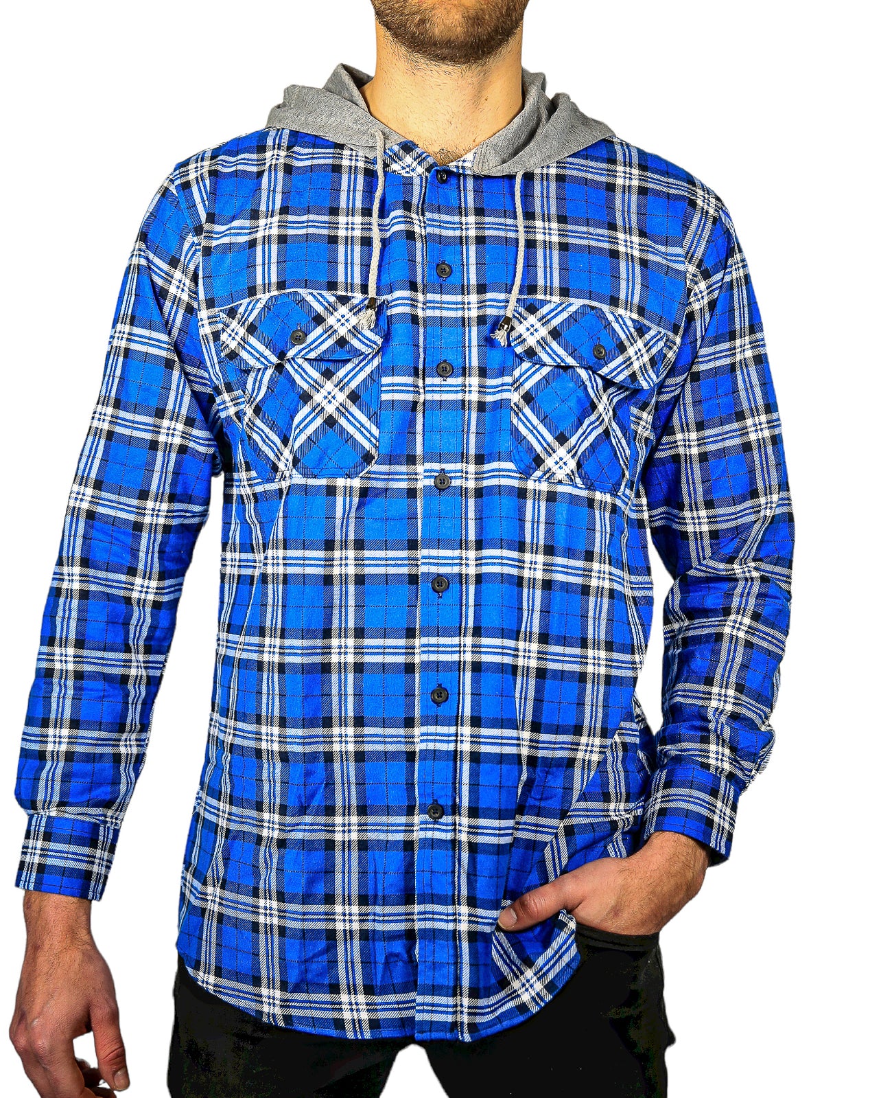 Mens Cotton Flannelette Shirt w Jersey Hood Long Sleeve Flannel - Spanish Blue - 5XL V563-WS47-149-5XL