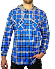 Mens Cotton Flannelette Shirt w Jersey Hood Long Sleeve Flannel - Spanish Blue - 6XL V563-WS47-149-6XL