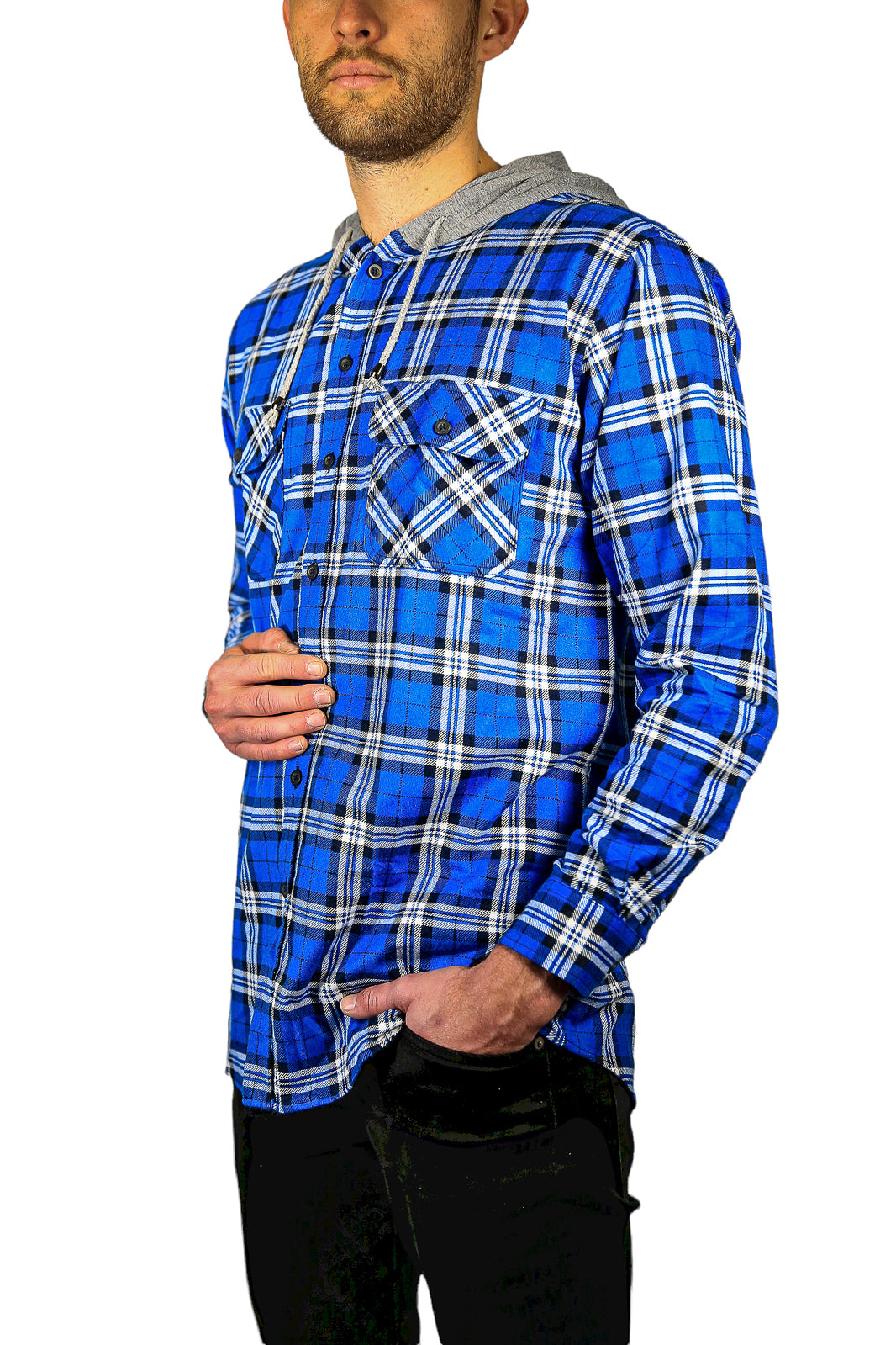 Mens Cotton Flannelette Shirt w Jersey Hood Long Sleeve Flannel - Spanish Blue - S V563-WS47-149-S