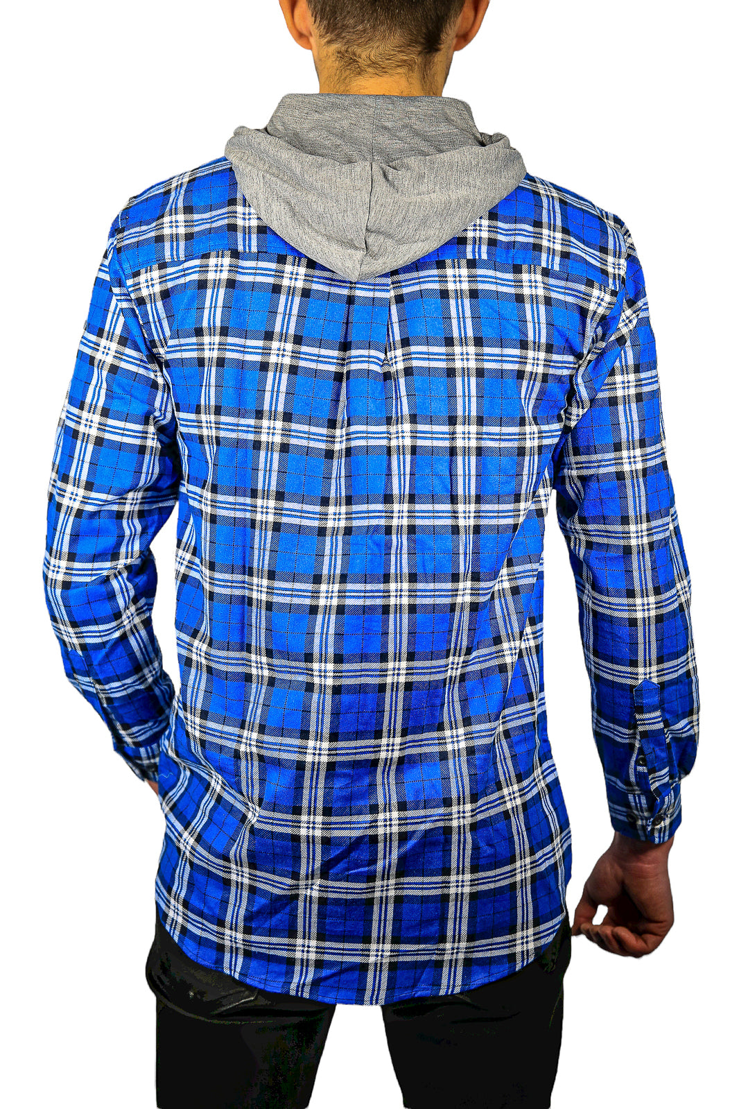 Mens Cotton Flannelette Shirt w Jersey Hood Long Sleeve Flannel - Spanish Blue - S V563-WS47-149-S