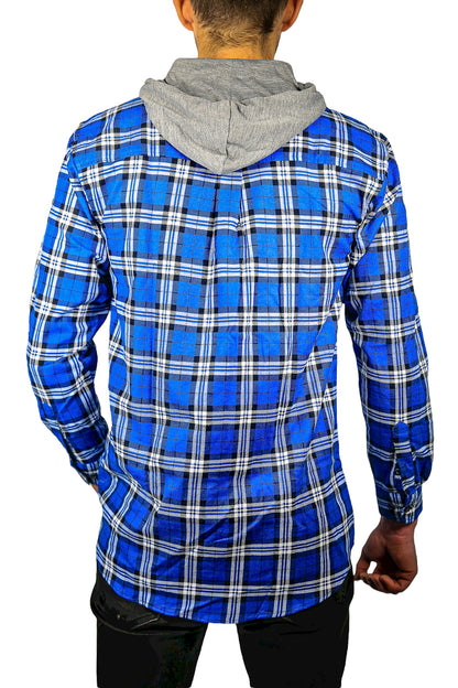Mens Cotton Flannelette Shirt w Jersey Hood Long Sleeve Flannel - Spanish Blue - XL V563-WS47-149-XL