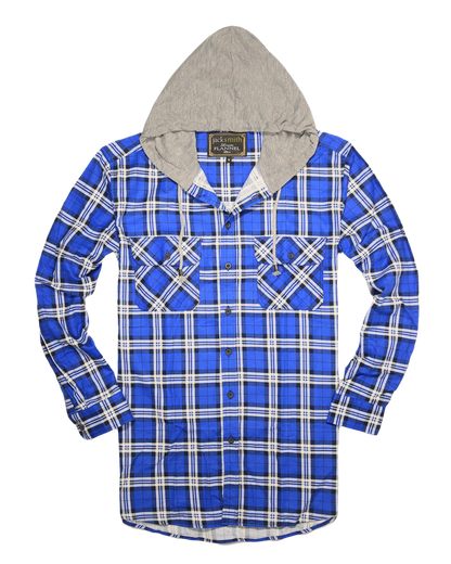 Mens Cotton Flannelette Shirt w Jersey Hood Long Sleeve Flannel - Spanish Blue - XXL V563-WS47-149-XXL