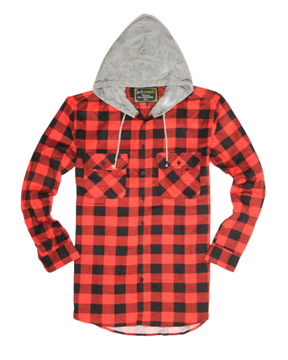 Mens Cotton Flannelette Shirt w Jersey Hood Long Sleeve Flannel - Red/Black - 3XL V563-WS47-190-3XL