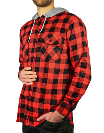 Mens Cotton Flannelette Shirt w Jersey Hood Long Sleeve Flannel - Red/Black - 4XL V563-WS47-190-4XL