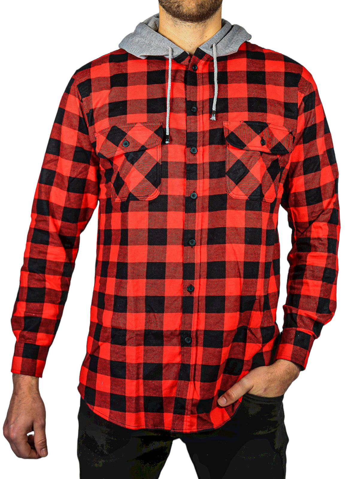 Mens Cotton Flannelette Shirt w Jersey Hood Long Sleeve Flannel - Red/Black - 6XL V563-WS47-190-6XL