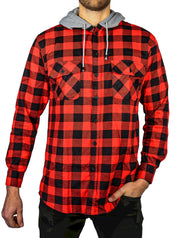 Mens Cotton Flannelette Shirt w Jersey Hood Long Sleeve Flannel - Red/Black - L V563-WS47-190-L